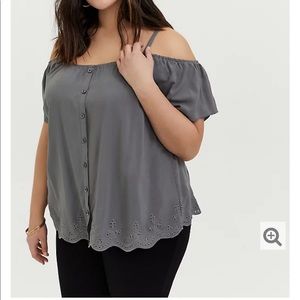 Torrid DARK GREY CHALLIS EYELET HEM COLD SHOULDER